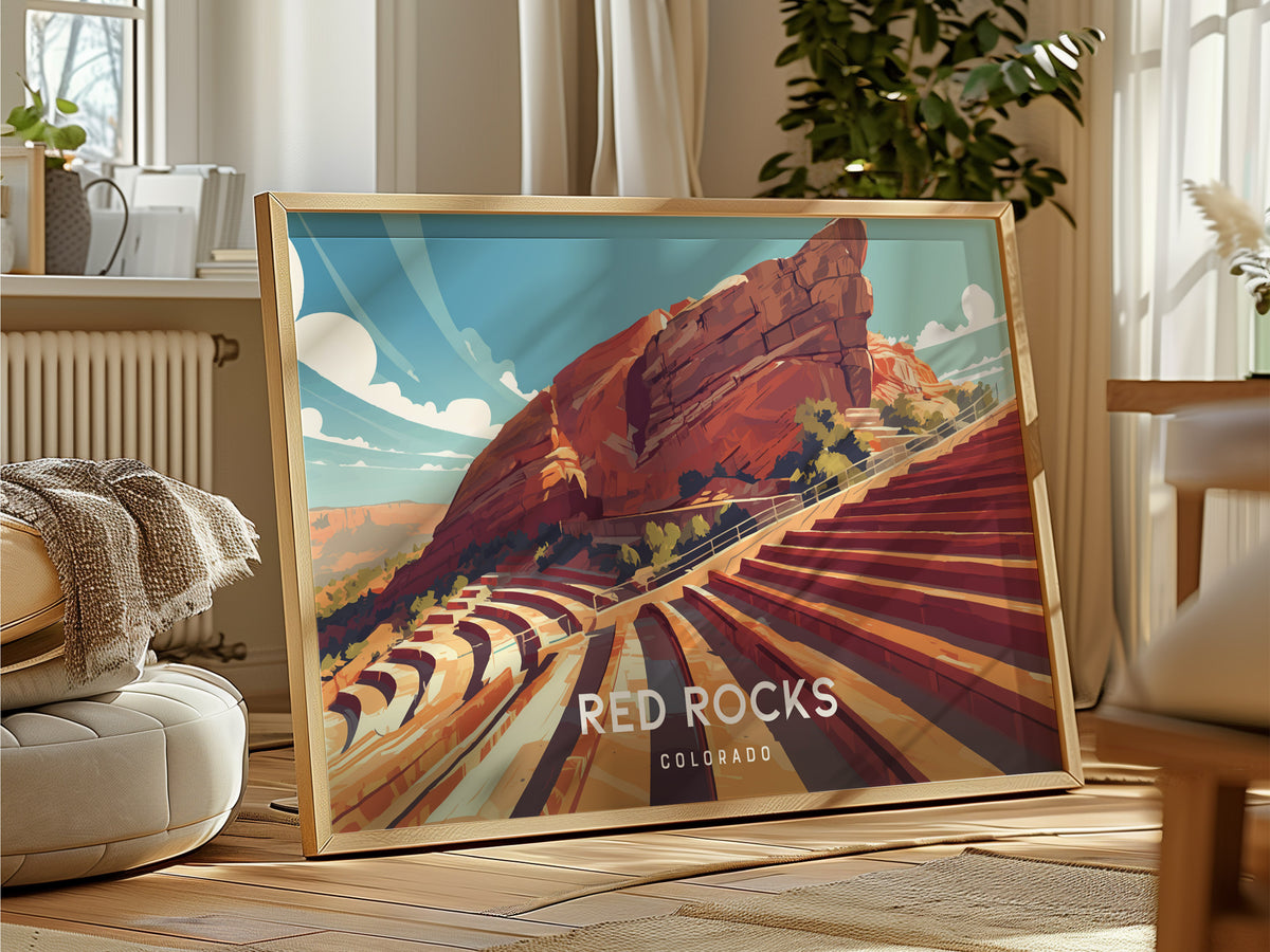 Red Rocks Amphitheatre Landscape, Colorado Poster | Iconic Mountain Venue Destination Print Wall Art — framed and ready to ha
