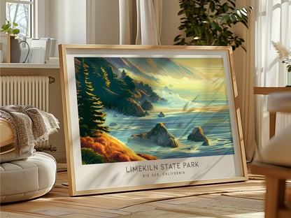 Limekiln State Park Landscape Matte Border Poster | Big Sur, California Coastal Beach Decor — framed and ready to hang