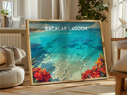 Bacalar Lagoon Landscape Poster | Mexico Vacation Wall Art Destination Print — framed and ready to hang