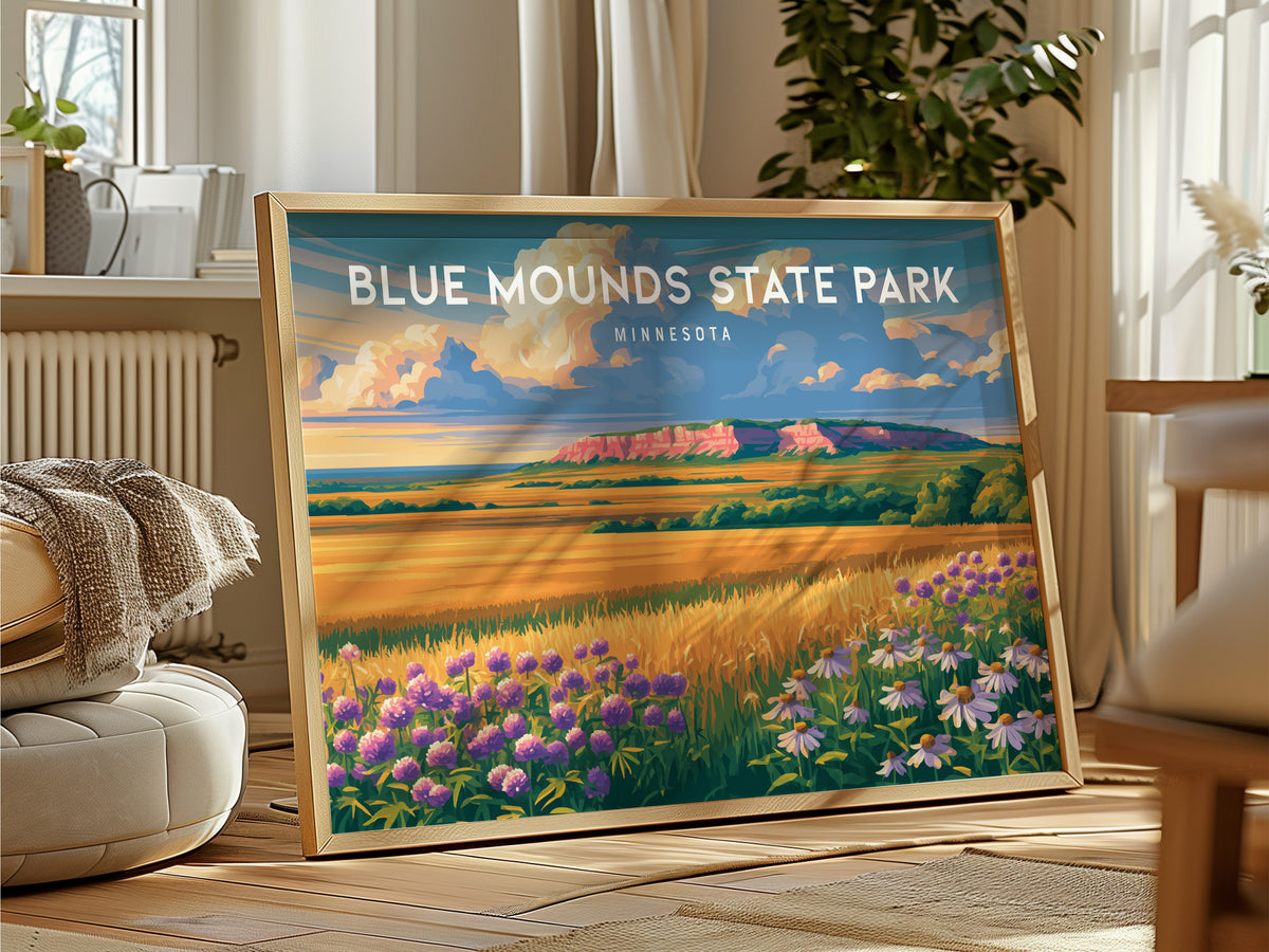 Blue Mounds State Park Landscape, Minnesota Poster | Tallgrass Prairie & Sioux Quartzite Framed or Unframed Wall Art — framed