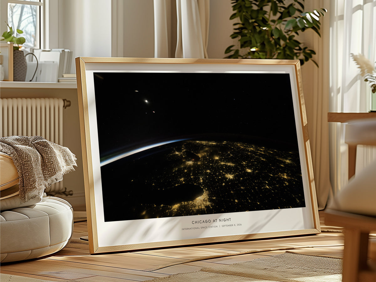 Chicago At Night Landscape Poster | NASA International Space Station Space Photography Wall Art — framed and ready to hang