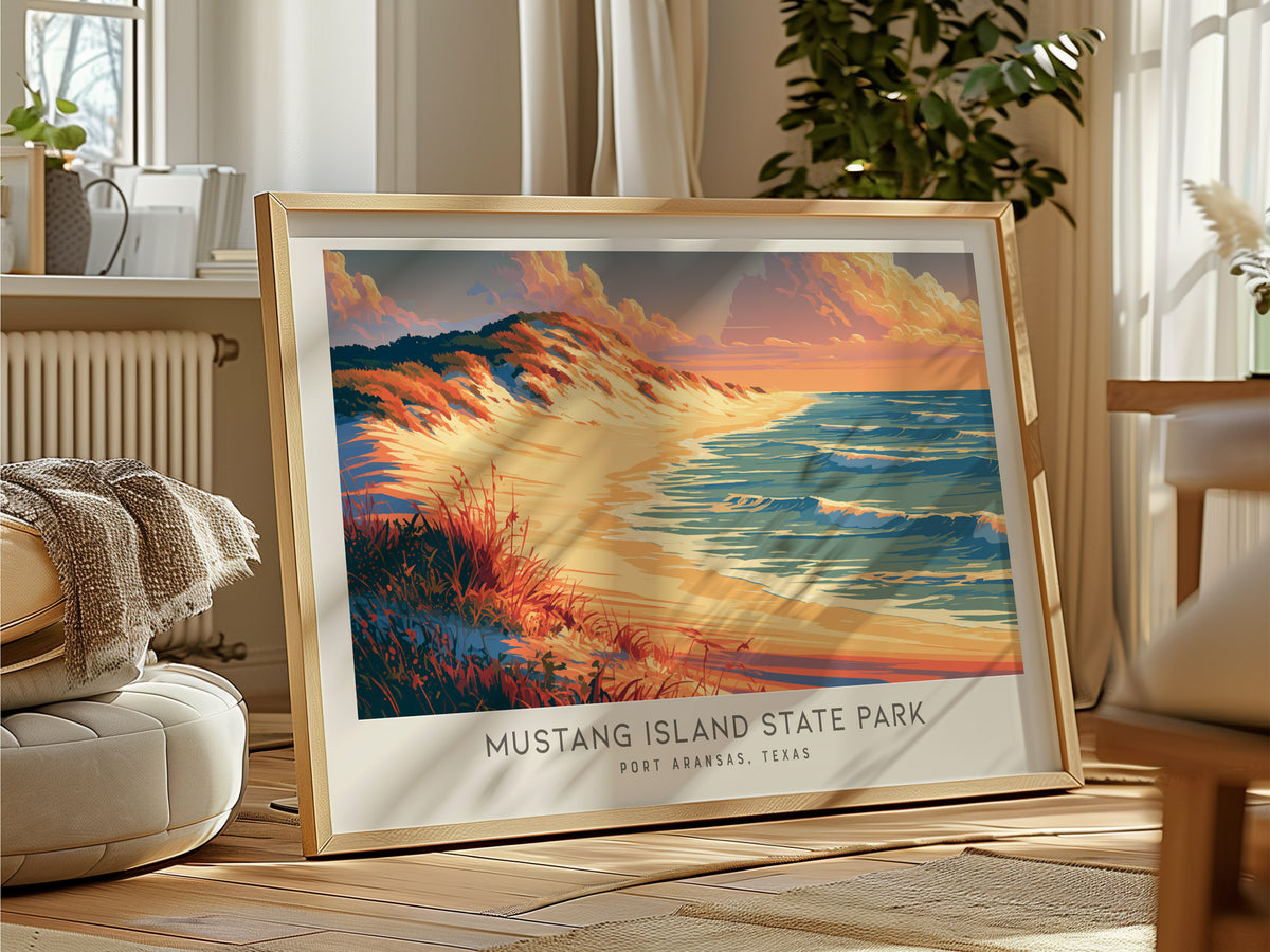 Mustang Island State Park Landscape Matte Border Poster | Port Aransas, Texas Vacation Wall Art — framed and ready to hang