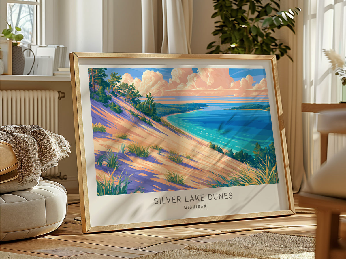 Silver Lake Dunes Landscape Matte Border Poster | Michigan Vacation Wall Art — framed and ready to hang