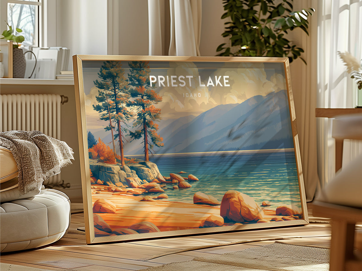 Priest Lake, Idaho Landscape Poster | Wilderness Lake Vacation Wall Art — framed and ready to hang