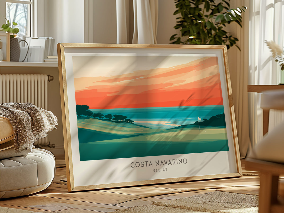 Costa Navarino Landscape Matte Border Poster | Greece Golf Wall Art & Framed or Unframed Links Decor — framed and ready to ha