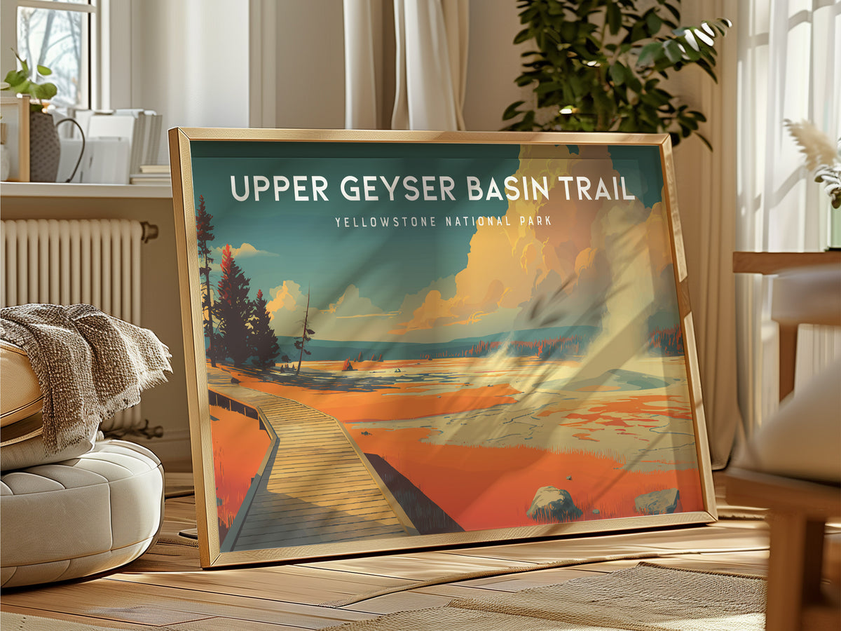 Upper Geyser Basin Trail Landscape Poster | Yellowstone National Park Vacation Wall Art — framed and ready to hang