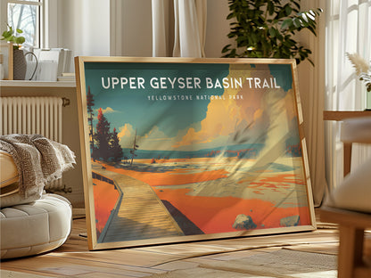 Upper Geyser Basin Trail Landscape Poster | Yellowstone National Park Vacation Wall Art — framed and ready to hang