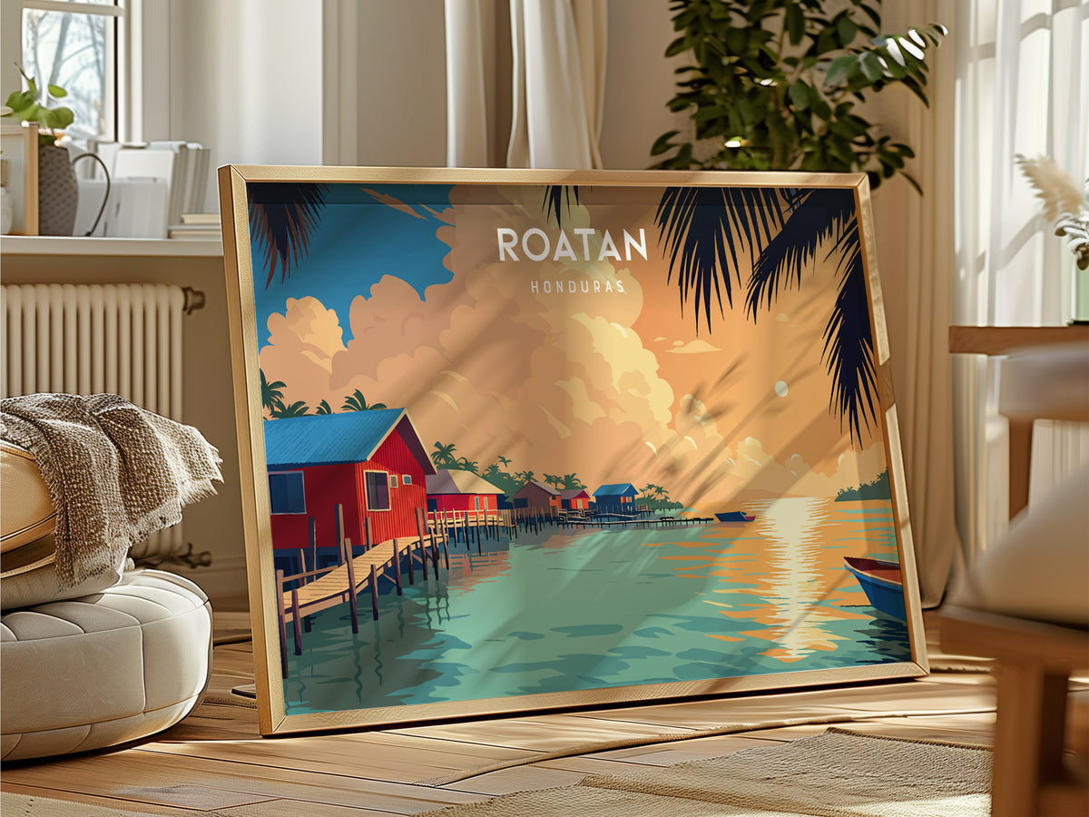 Roatan Landscape Poster | Honduras Destination Print Framed or Unframed Wall Art — framed and ready to hang