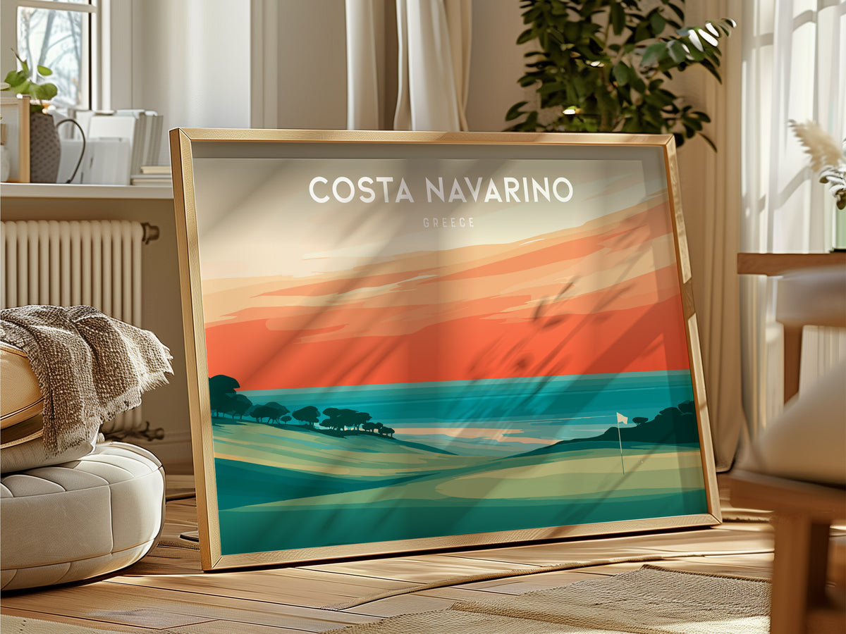 Costa Navarino Landscape Poster | Greece Seaside Golf Course Framed or Unframed Wall Art — framed and ready to hang