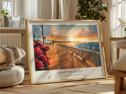 Hampton Beach Landscape Matte Border Poster | State Park, New Hampshire Travel Wall Art — framed and ready to hang