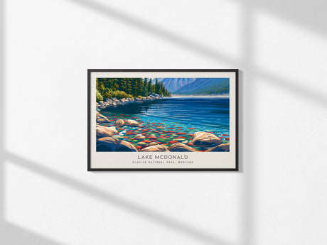 Lake McDonald Landscape Matte Border Poster | Glacier National Park, Montana Travel Wall Art — framed and ready to hang, 2x3