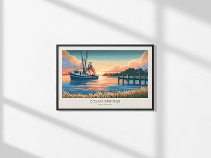 Ocean Springs Landscape Matte Border Poster | Mississippi Tropical Beach Print Travel Wall Art — framed and ready to hang, 2x