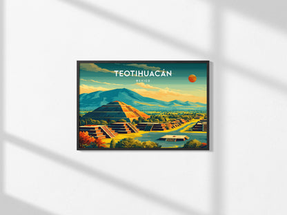 Teotihuacán, Mexico Landscape Poster | Sun & Moon Pyramids Vacation Wall Art — framed and ready to hang, 2x3 in