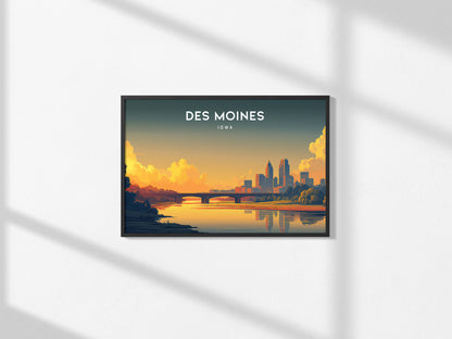 Des Moines, Iowa Landscape Poster | Heartland Skyline Travel Wall Art — framed and ready to hang, 2x3 in