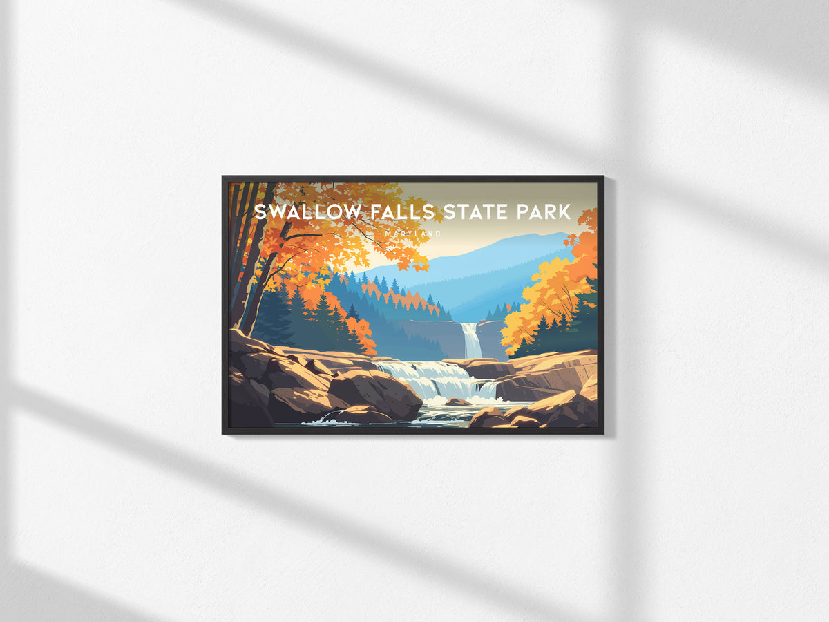 Swallow Falls State Park, Maryland Landscape Poster | Woodland Waterfall Vacation Wall Art — framed and ready to hang, 2x3 in