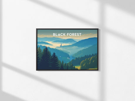 Black Forest, Germany Landscape Poster | Misty Pines Vacation Wall Art — framed and ready to hang, 2x3 in