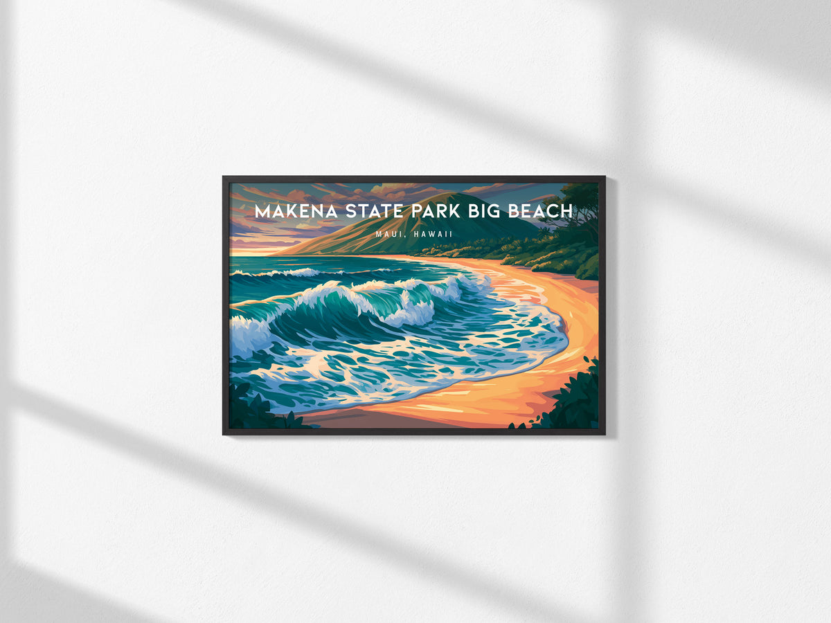 Makena State Park Big Beach Landscape Poster | Maui, Hawaii Vacation Wall Art — framed and ready to hang, 2x3 in