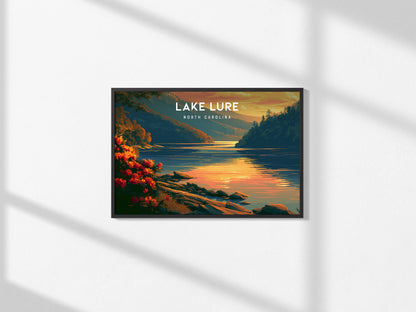 Lake Lure, North Carolina Landscape Poster | Blue Ridge Travel Gift Wall Art — framed and ready to hang, 2x3 in