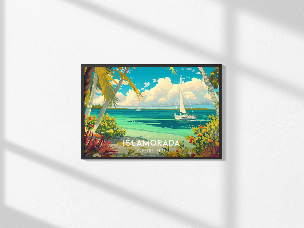 Islamorada, Florida Keys Poster | Landscape Coastal Decor Tiki & Palms Wall Art — framed and ready to hang, 2x3 in
