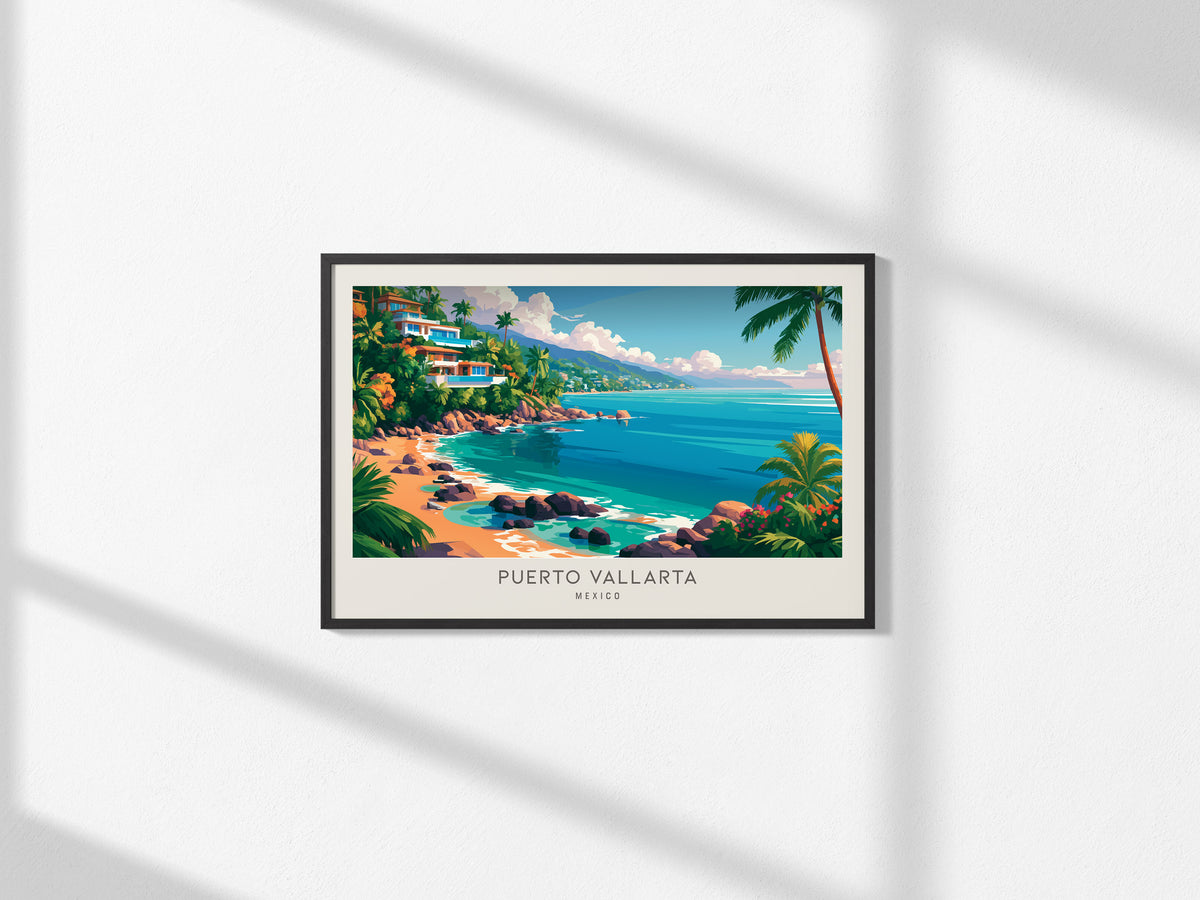 Puerto Vallarta Landscape Matte Border Poster | Mexico Coastal Beach Decor Framed or Unframed — framed and ready to hang, 2x3