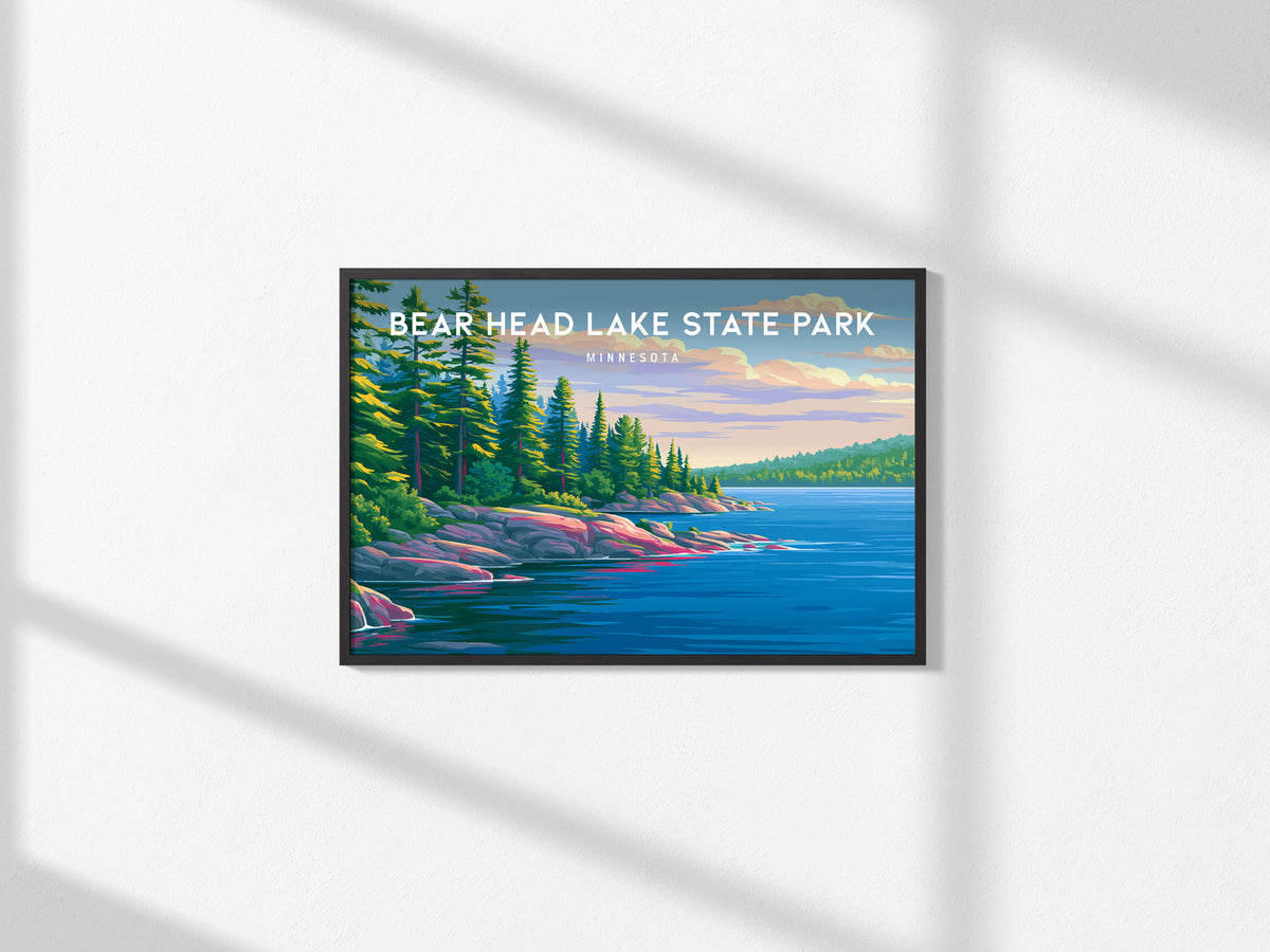 Bear Head Lake State Park Landscape, Minnesota Poster | Northwoods Lake Retreat Framed or Unframed Wall Art — framed and read