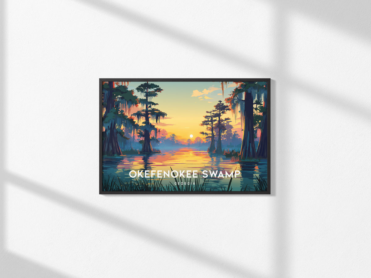 Okefenokee Swamp, Georgia Landscape Poster | Travel Gift Swampland Wildlife Wall Art — framed and ready to hang, 2x3 in