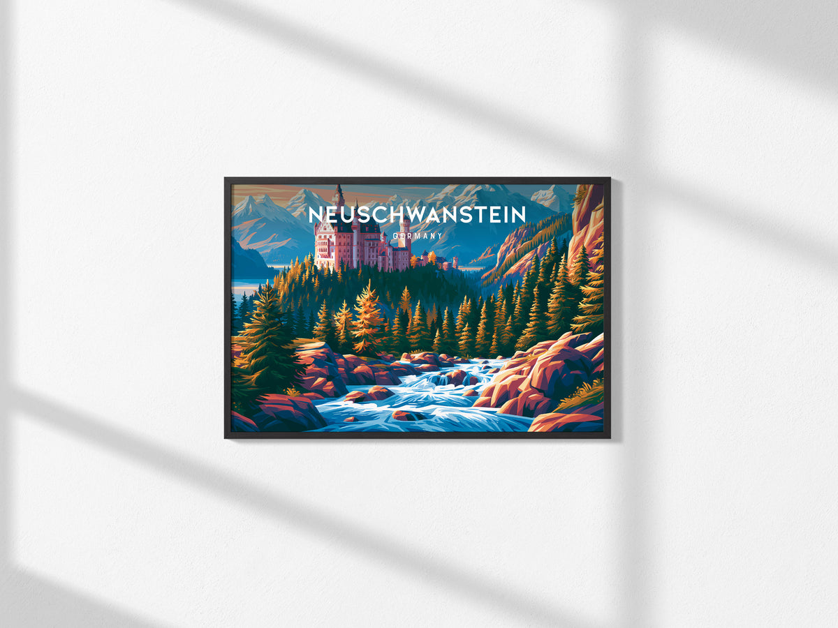 Neuschwanstein, Germany Landscape Poster | Alpine Castle Vacation Wall Art — framed and ready to hang, 2x3 in