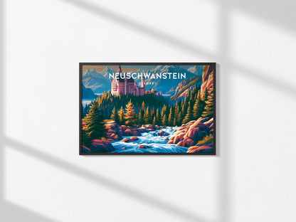 Neuschwanstein, Germany Landscape Poster | Alpine Castle Vacation Wall Art — framed and ready to hang, 2x3 in