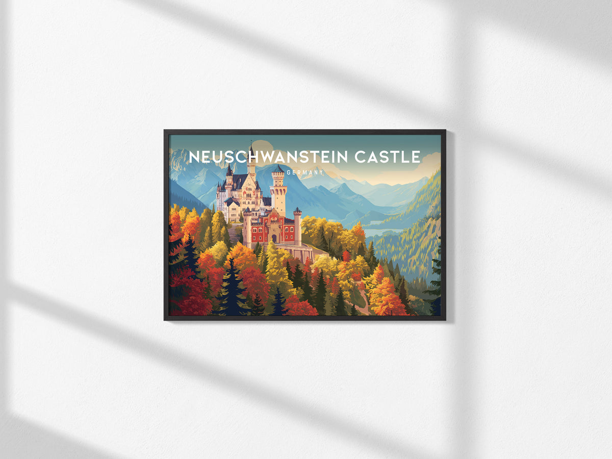 Neuschwanstein Castle Landscape Poster | Germany Travel Gift Alpine Wall Art — framed and ready to hang, 2x3 in