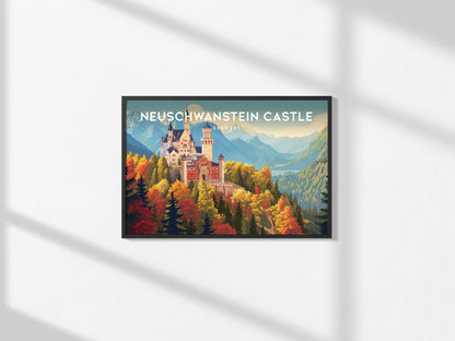 Neuschwanstein Castle Landscape Poster | Germany Travel Gift Alpine Wall Art — framed and ready to hang, 2x3 in