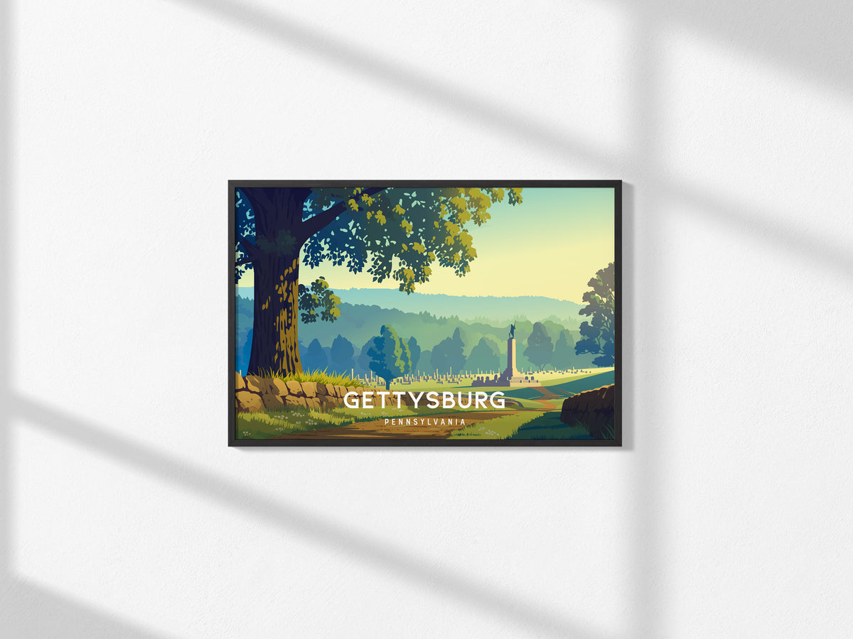 Gettysburg, Pennsylvania Landscape Poster | Historic Civil War Battlefield Travel Wall Art — framed and ready to hang, 2x3 in