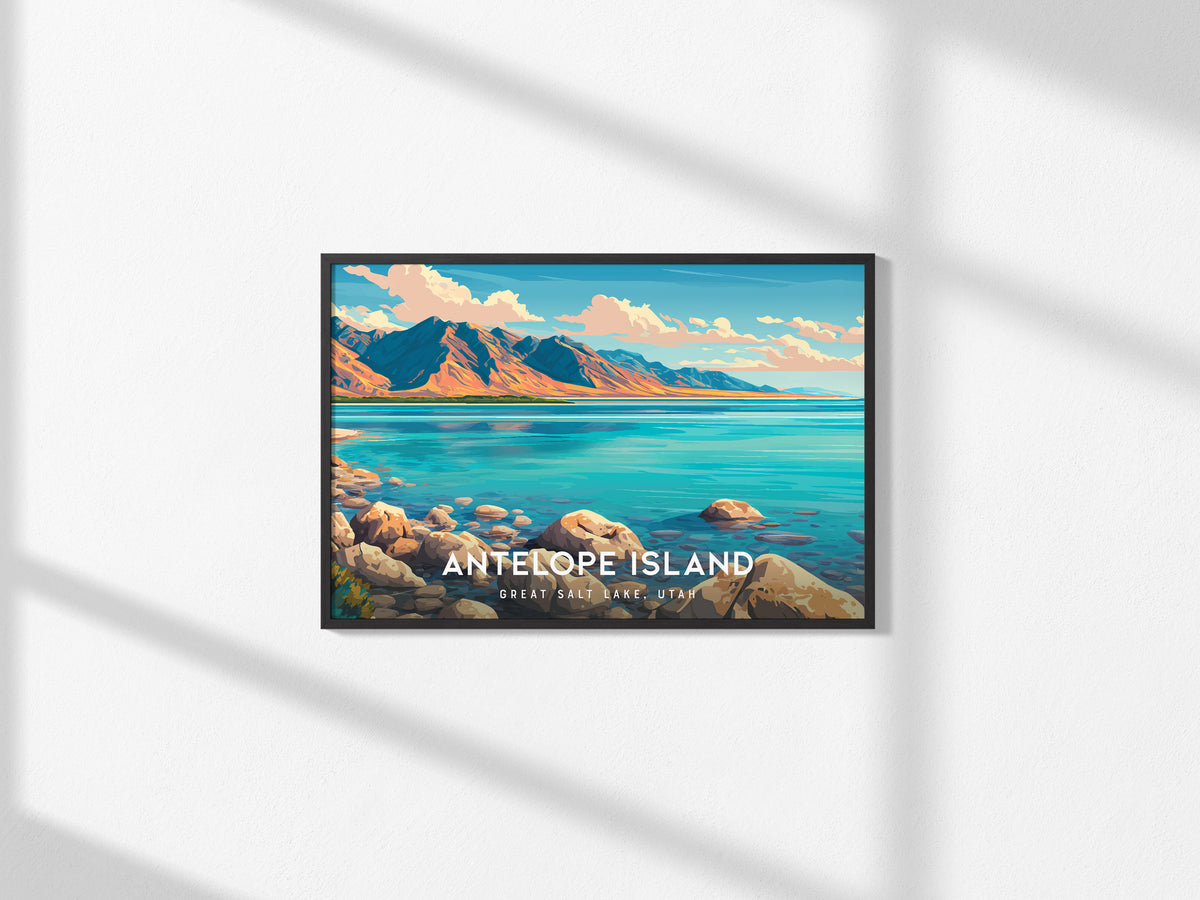 Antelope Island Landscape Poster | Great Salt Lake, Utah Vacation Wall Art — framed and ready to hang, 2x3 in