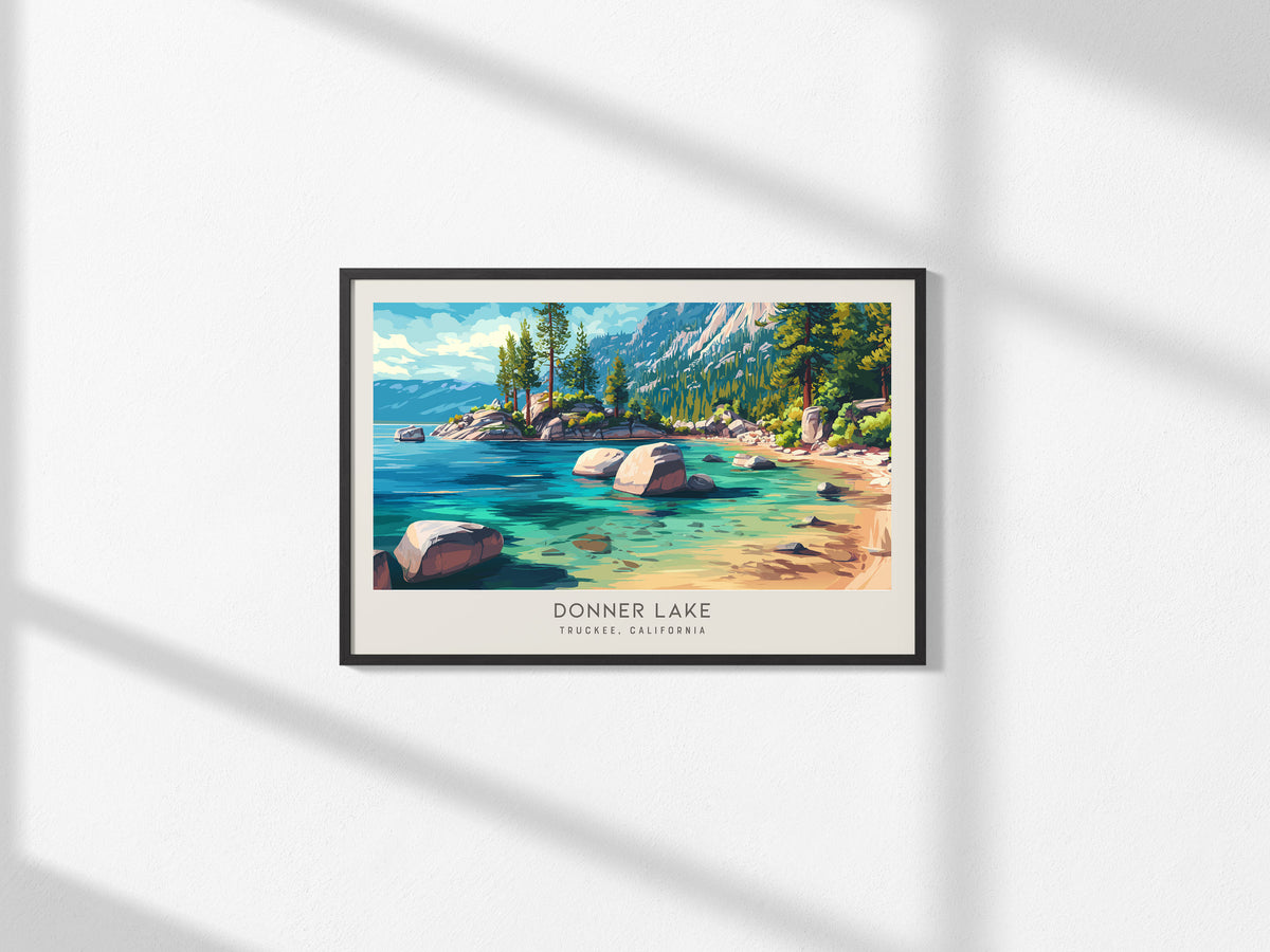 Donner Lake Landscape Matte Border Poster | Truckee, California Framed or Unframed Travel Gift — framed and ready to hang, 2x