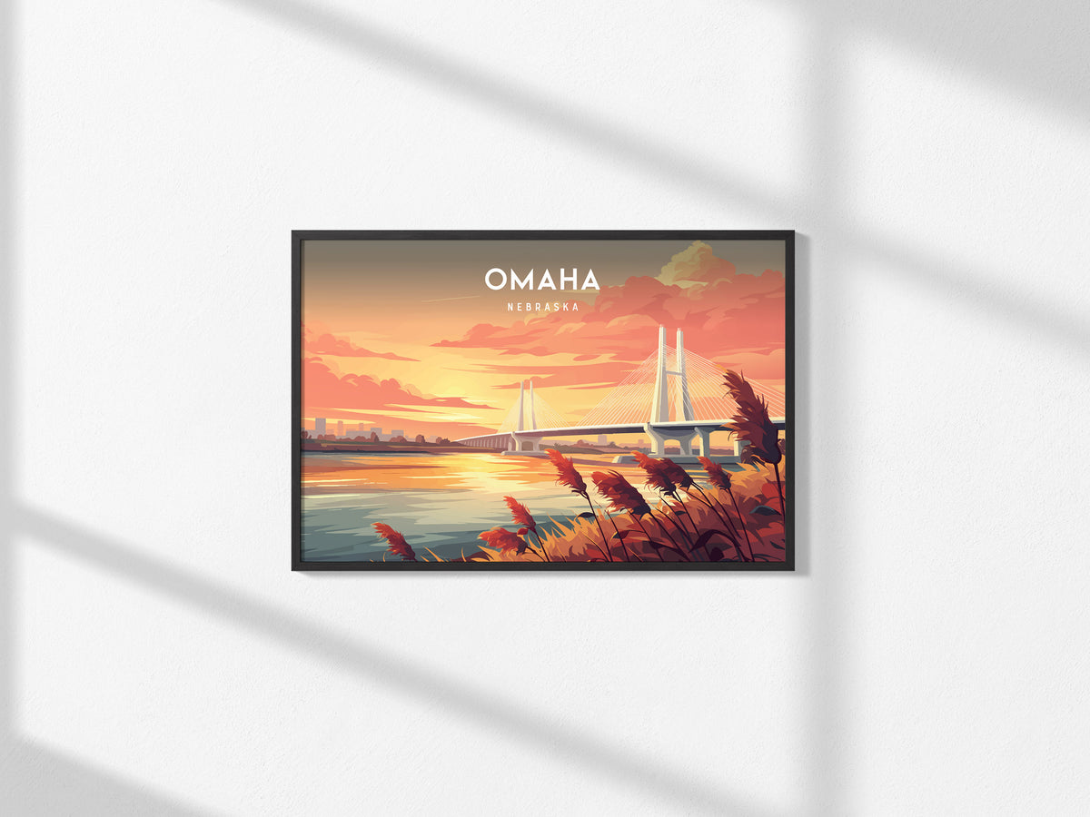 Omaha, Nebraska Landscape Poster | Midwest Cityscape Travel Gift Wall Art — framed and ready to hang, 2x3 in