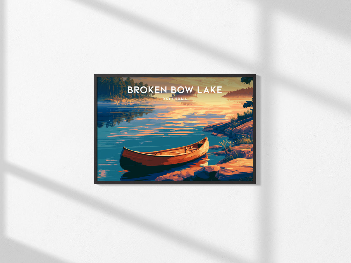 Broken Bow Lake, Oklahoma Landscape Poster | Lakeside Cabin & Pines Vacation Wall Art — framed and ready to hang, 2x3 in