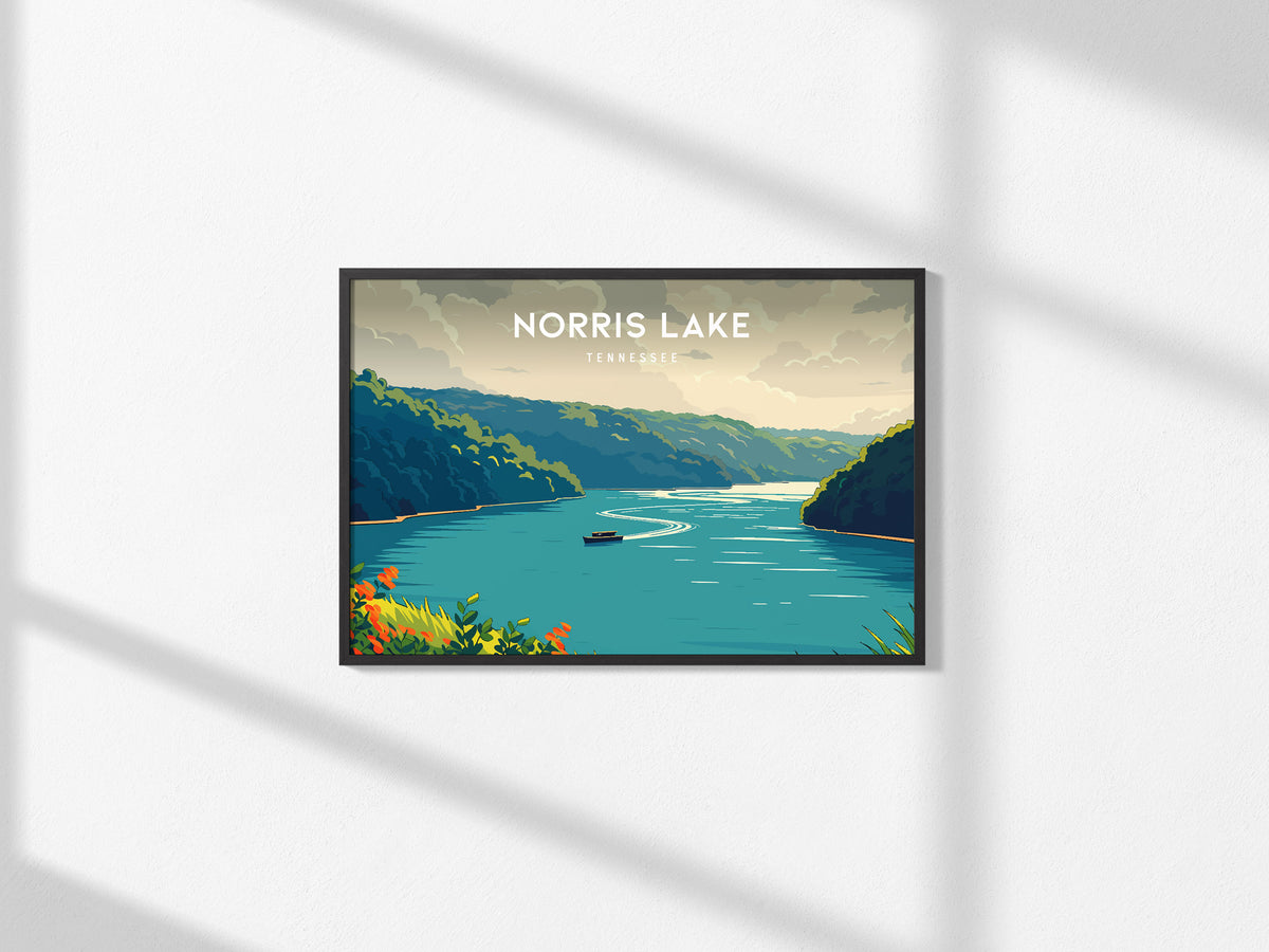 Norris Lake, Tennessee Landscape Poster | Lakeside Getaway Framed or Unframed Wall Art — framed and ready to hang, 2x3 in