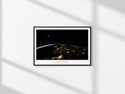Chicago At Night Landscape Poster | NASA International Space Station Space Photography Wall Art — framed and ready to hang, 2