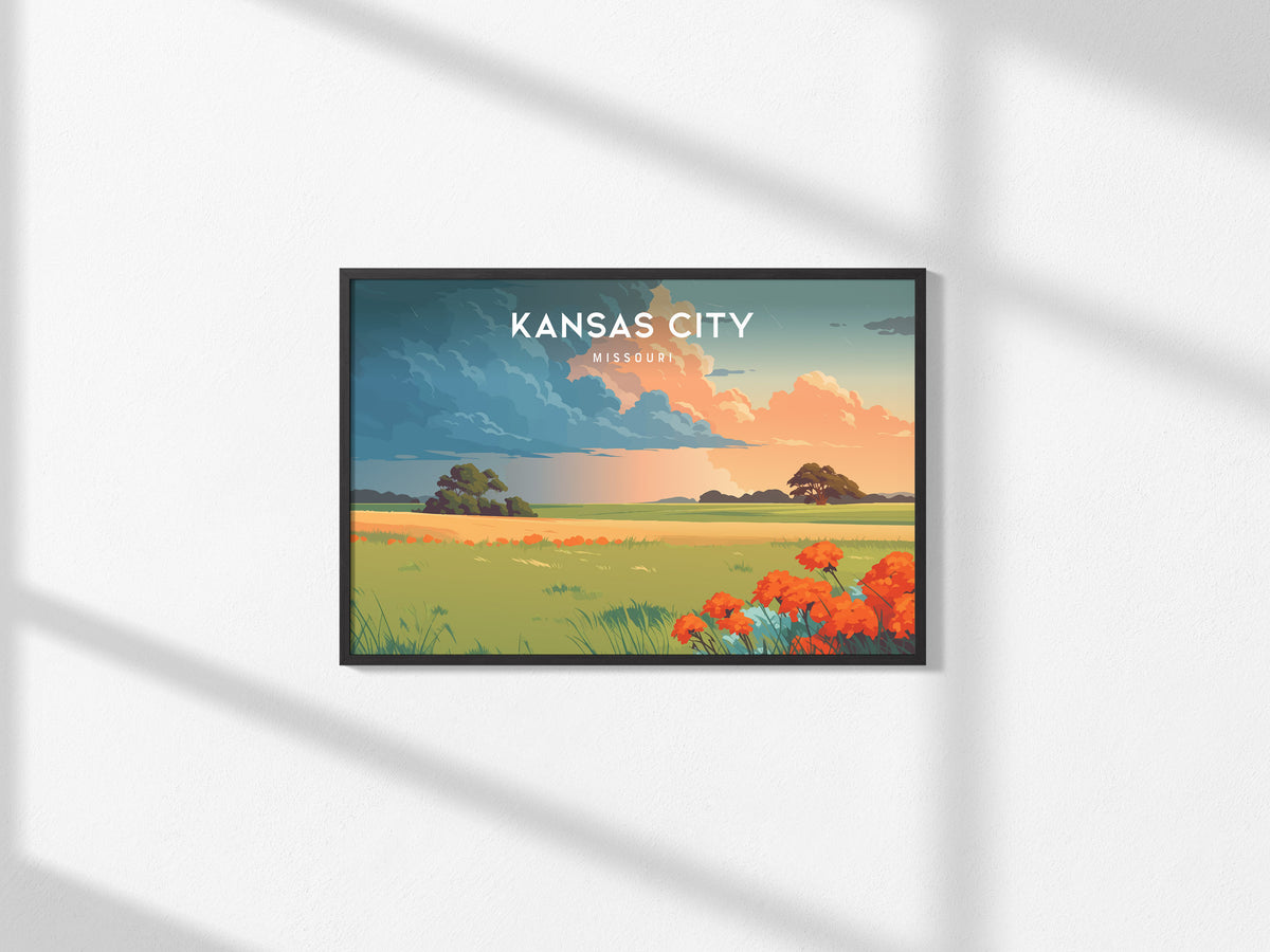 Kansas City, Missouri Landscape Poster | BBQ Jazz & Skyline Travel Gift Wall Art — framed and ready to hang, 2x3 in