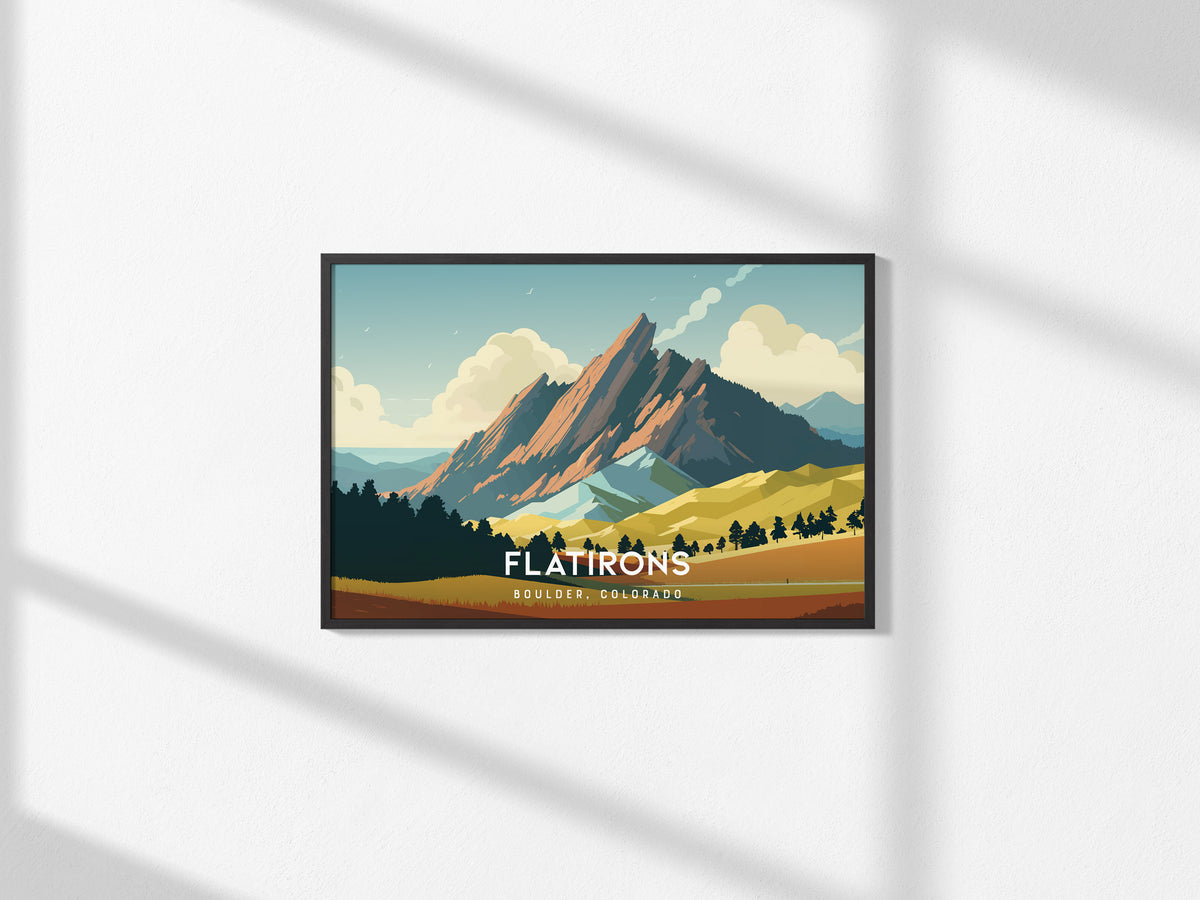 Flatirons, Boulder, Colorado Landscape Poster | Mountain Destination Print Wall Art — framed and ready to hang, 2x3 in