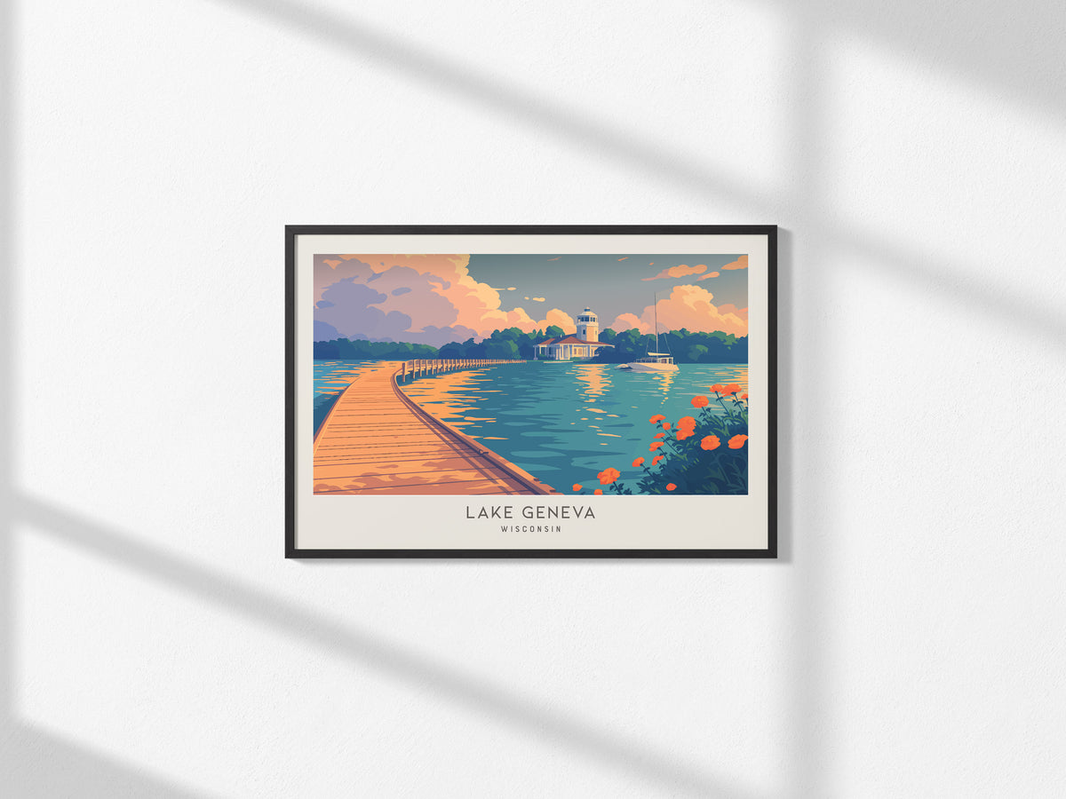 Lake Geneva Landscape Matte Border Poster | Wisconsin Vacation Wall Art — framed and ready to hang, 2x3 in