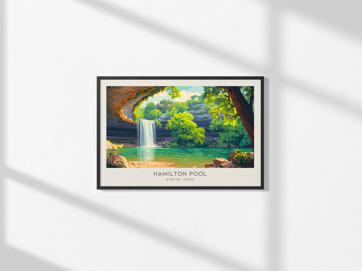 Hamilton Pool Landscape Matte Border Poster | Austin, Texas Travel Gift & Natural Grotto Wall Art — framed and ready to hang
