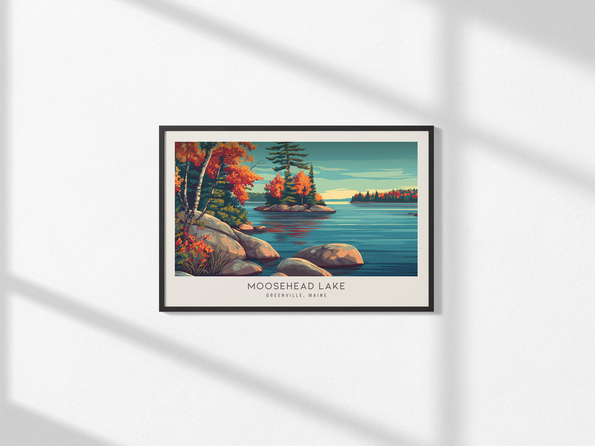 Moosehead Lake Landscape Matte Border Poster | Greenville, Maine Vacation Wall Art — framed and ready to hang, 2x3 in