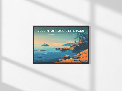 Deception Pass State Park Landscape Poster | Whidbey Island, Washington Pacific Northwest Beach House Decor — framed and read