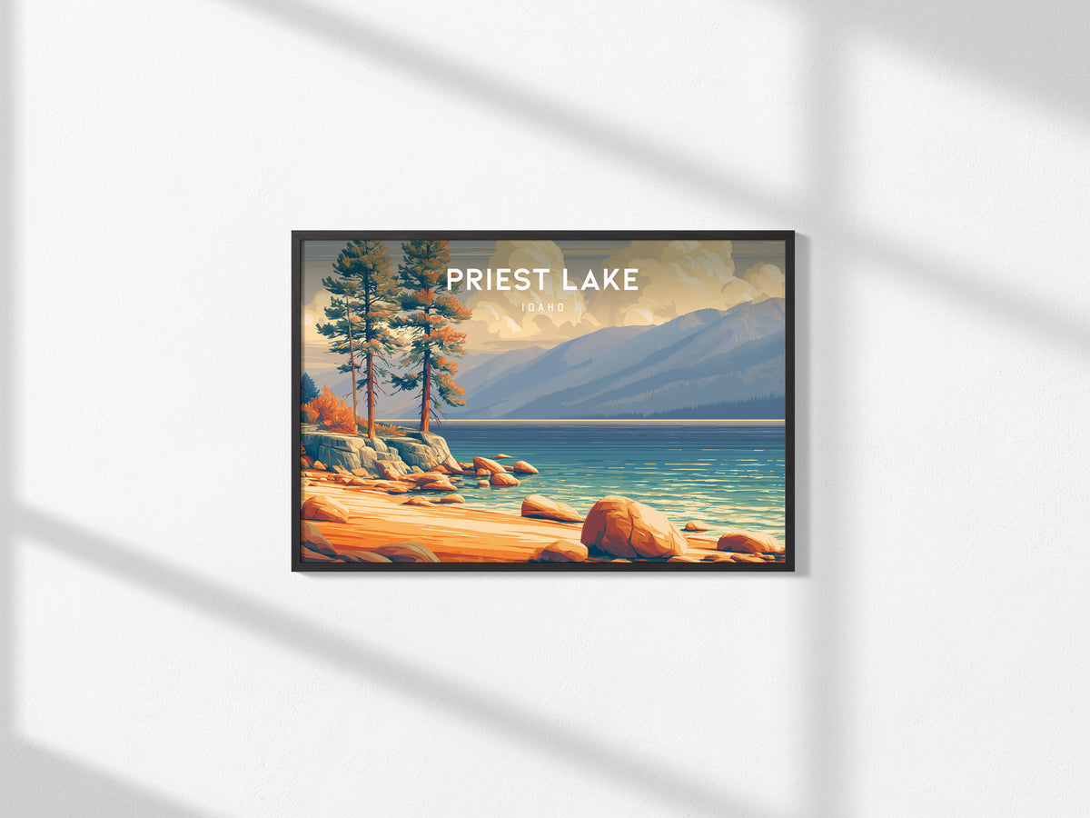 Priest Lake, Idaho Landscape Poster | Wilderness Lake Vacation Wall Art — framed and ready to hang, 2x3 in