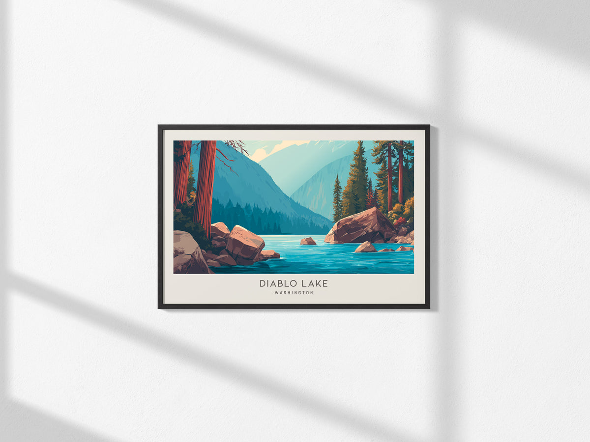Diablo Lake Landscape Matte Border Poster | Washington Framed or Unframed Travel Gift — framed and ready to hang, 2x3 in