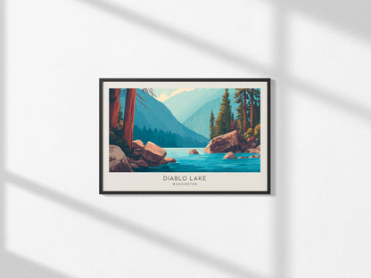 Diablo Lake Landscape Matte Border Poster | Washington Framed or Unframed Travel Gift — framed and ready to hang, 2x3 in