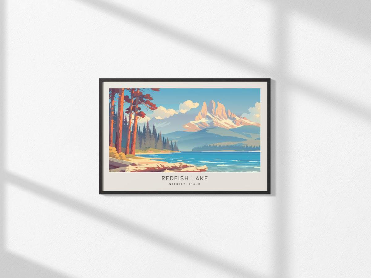 Redfish Lake Landscape Matte Border Poster | Stanley, Idaho Framed or Unframed Travel Gift — framed and ready to hang, 2x3 in