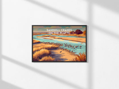 Sandhill Cranes on the Platte Landscape Poster | Kearney, Nebraska Vacation Wall Art — framed and ready to hang, 2x3 in