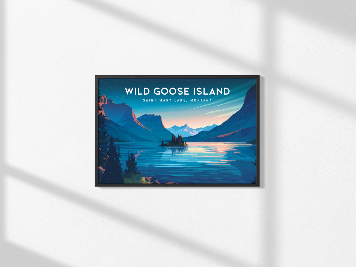 Wild Goose Island Landscape Poster | Saint Mary Lake, Montana Framed or Unframed Vacation Wall Art — framed and ready to hang