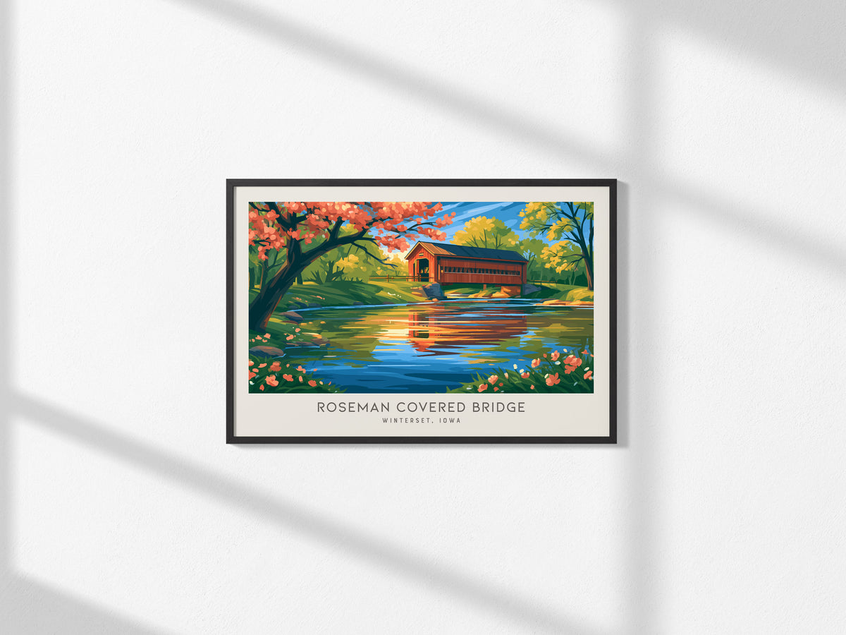 Roseman Covered Bridge Landscape Matte Border Poster | Winterset, Iowa Vacation Wall Art — framed and ready to hang, 2x3 in